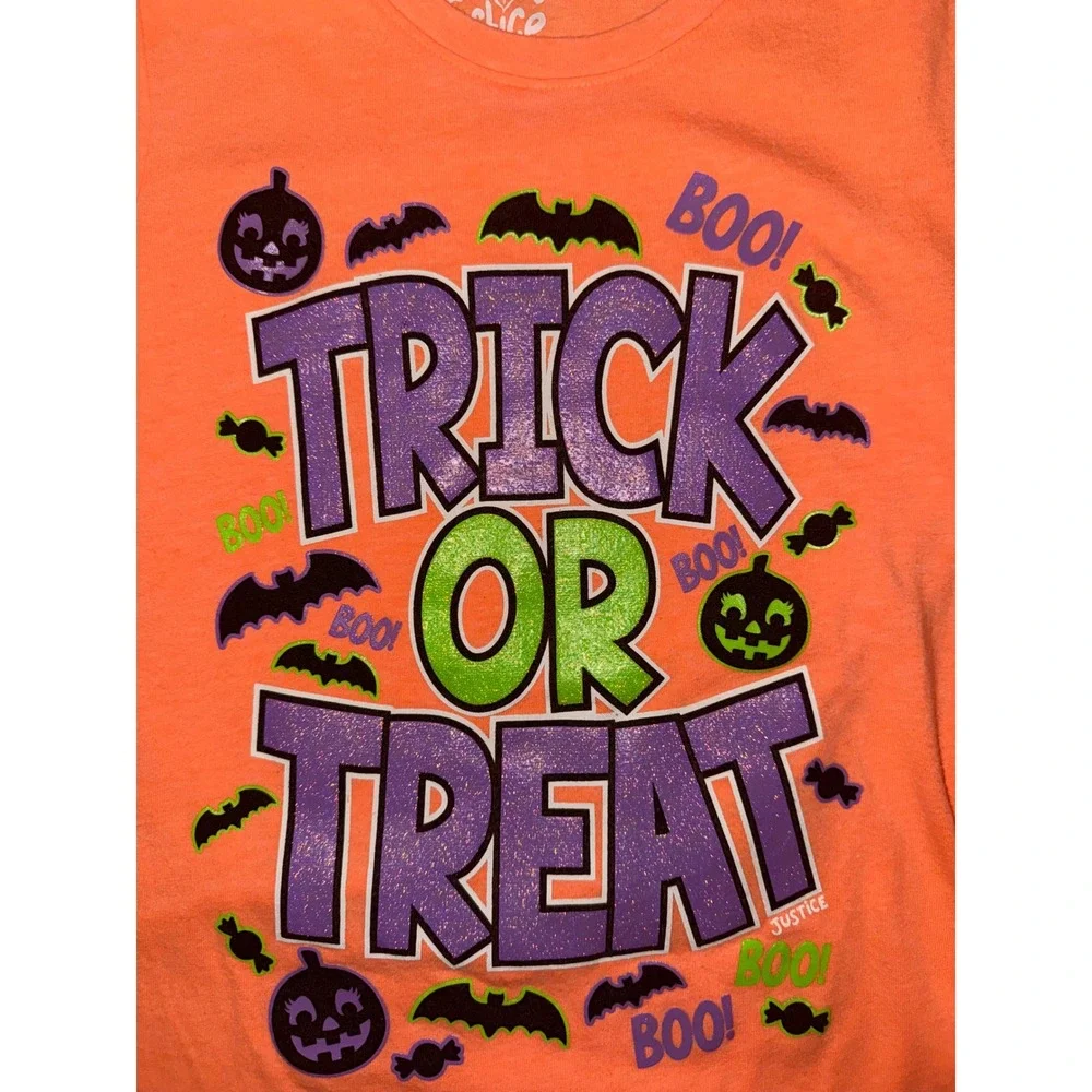 Justice Girls Orange Halloween Trick or Treat Glitter Graphic Tee Shirt Size 8
